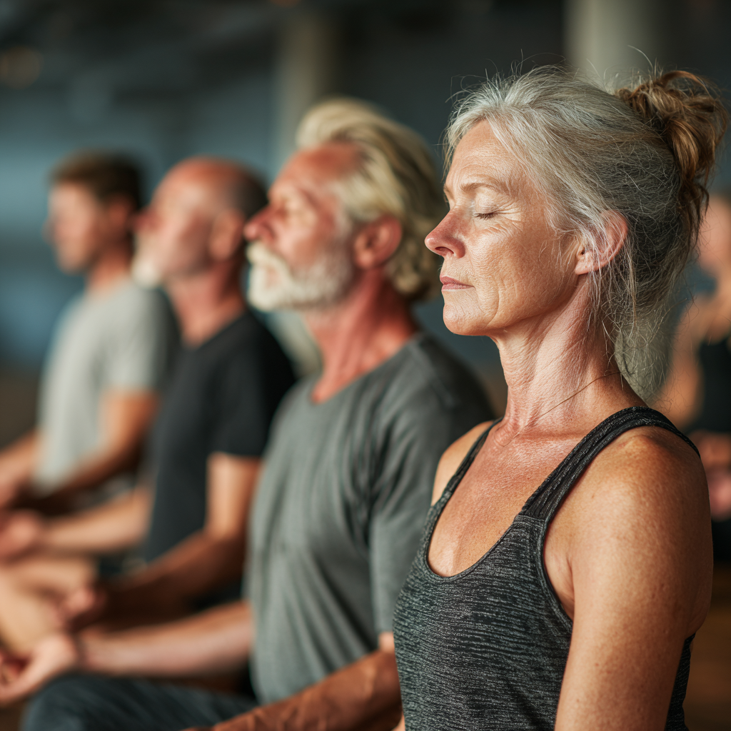 Group of mature adults aged 45-55 sitting in meditation pose with peaceful expressions during a yoga class in a serene studio with soft natural lighting
