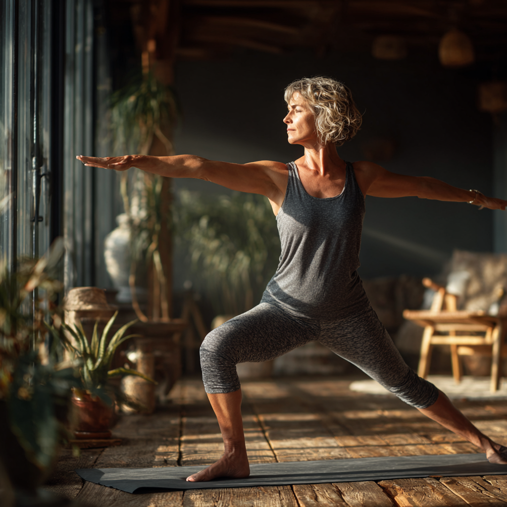 Middle-aged woman in her 40s practicing yoga in warrior pose on a wooden floor in a bright, peaceful studio with natural lighting and plants in the background